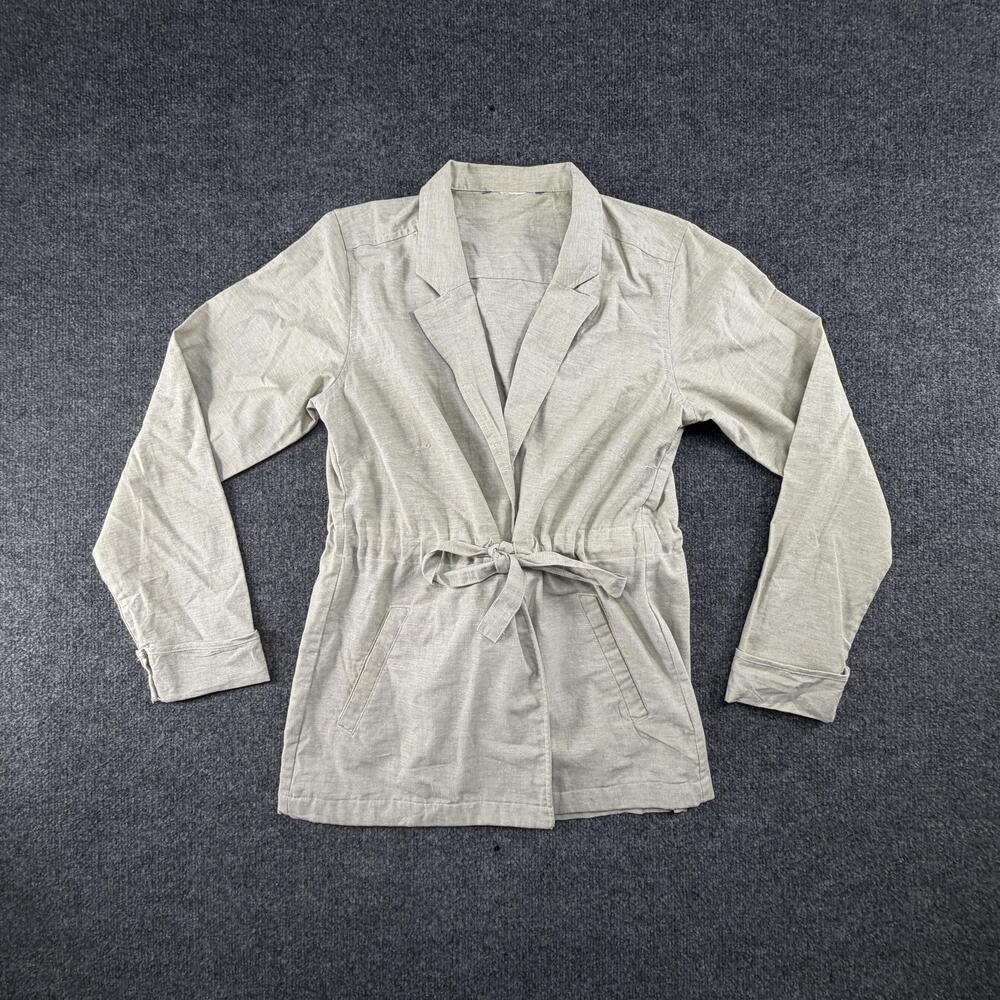 Safari Jacket Womens Medium Beige Linen Belted Open Front Pockets Lightweight